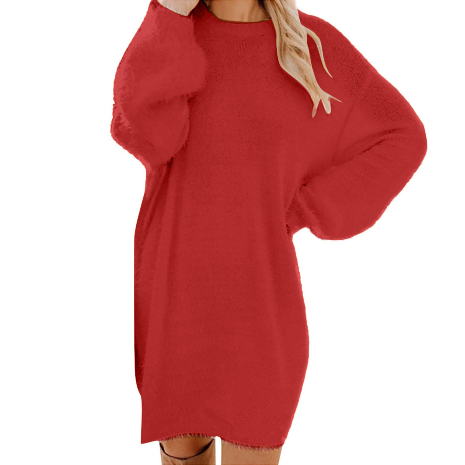 QUYUON Sun Dresses Women Summer Casual Clearance Mid Length Long Sleeve Round Neck Loose Plush Dress Plus Size Fall Dresses Mid-Length Sweater Dress Style D-12585 Red 3XL